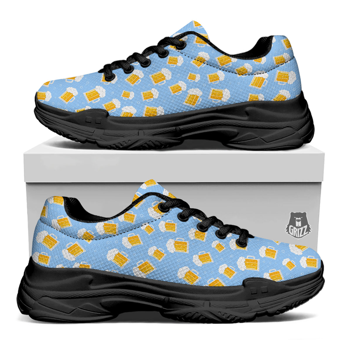 Emoji Beer Print Pattern Black Chunky Shoes-grizzshop