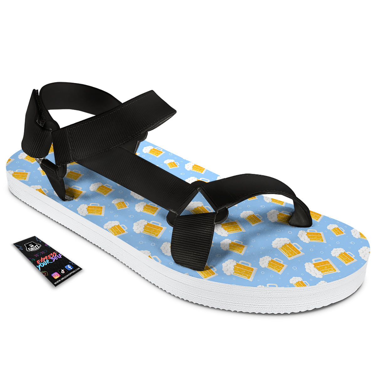 Emoji Beer Print Pattern Black Open Toe Sandals-grizzshop