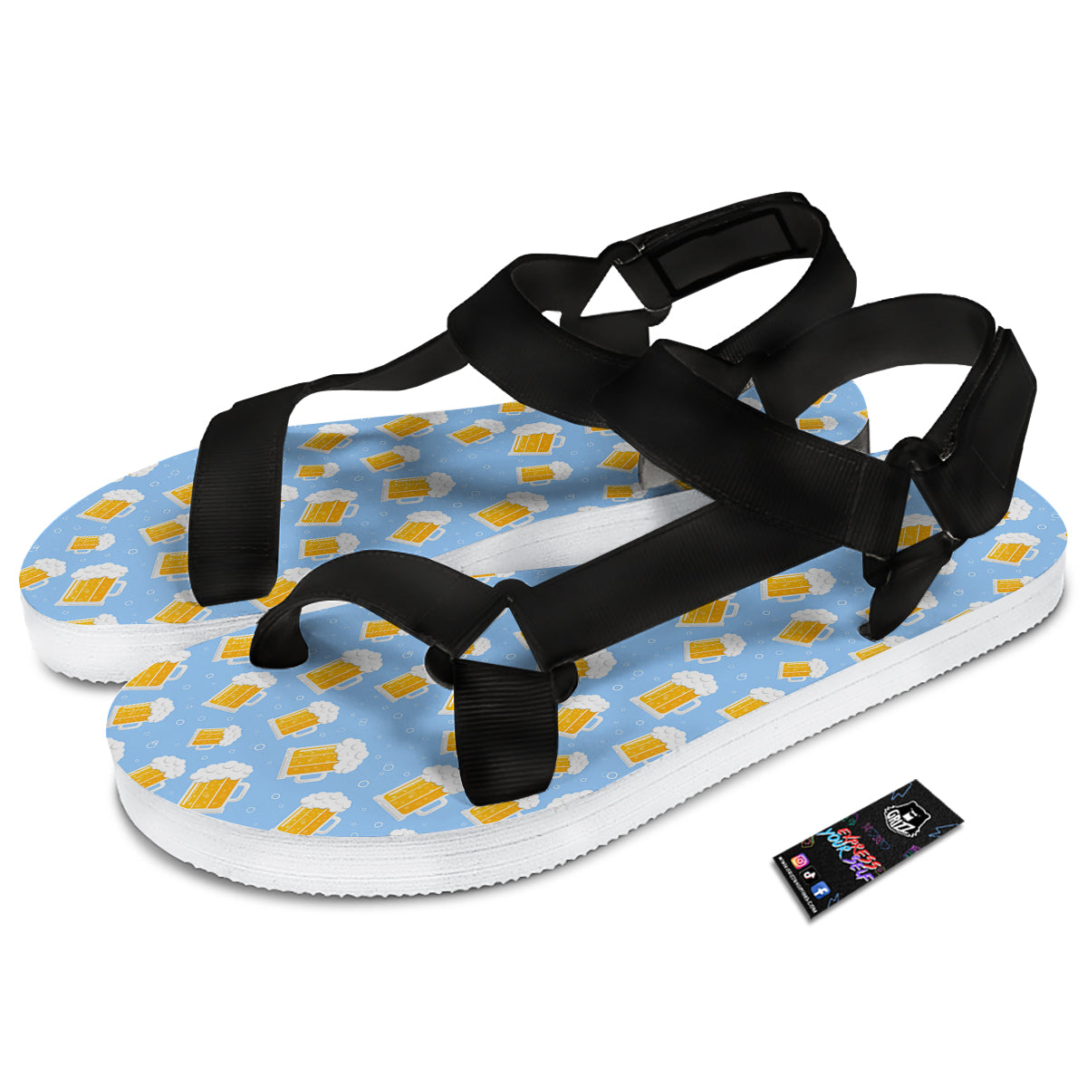 Emoji Beer Print Pattern Black Open Toe Sandals-grizzshop