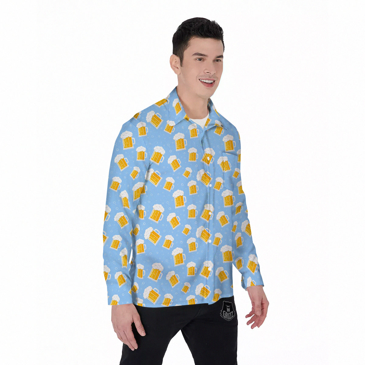 Emoji Beer Print Pattern Men's Long Sleeve Shirts-grizzshop