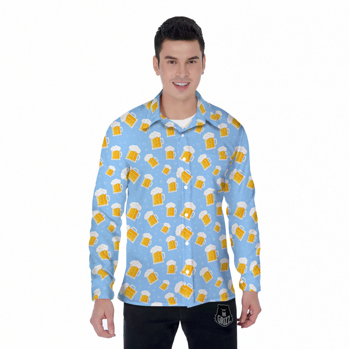 Emoji Beer Print Pattern Men's Long Sleeve Shirts-grizzshop