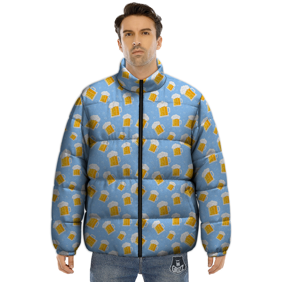 Emoji Beer Print Pattern Puffer Jacket-grizzshop