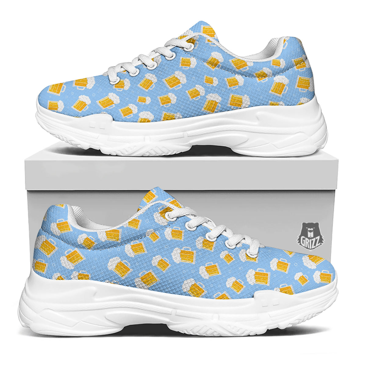Emoji Beer Print Pattern White Chunky Shoes-grizzshop