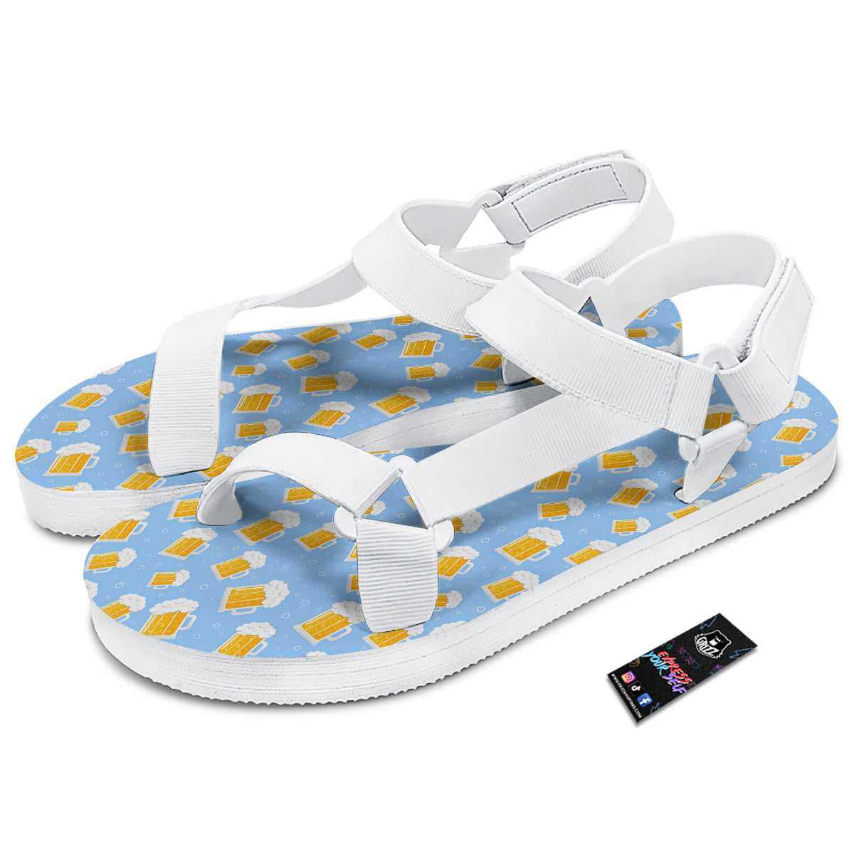 Emoji Beer Print Pattern White Open Toe Sandals-grizzshop