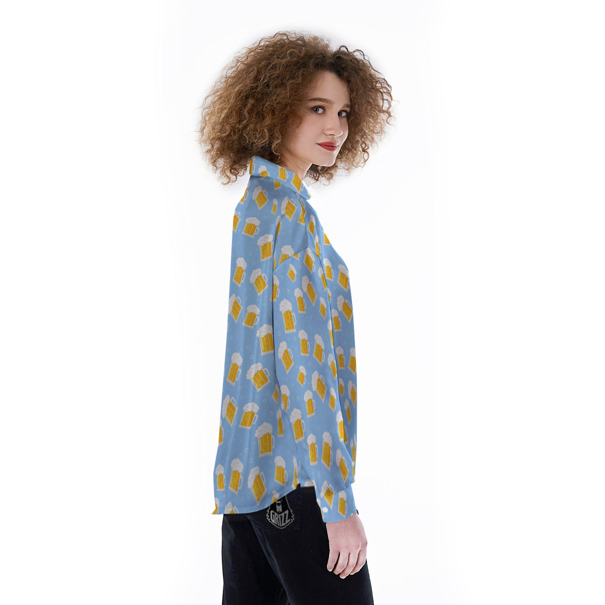 Emoji Beer Print Pattern Women's Long Sleeve Shirts-grizzshop