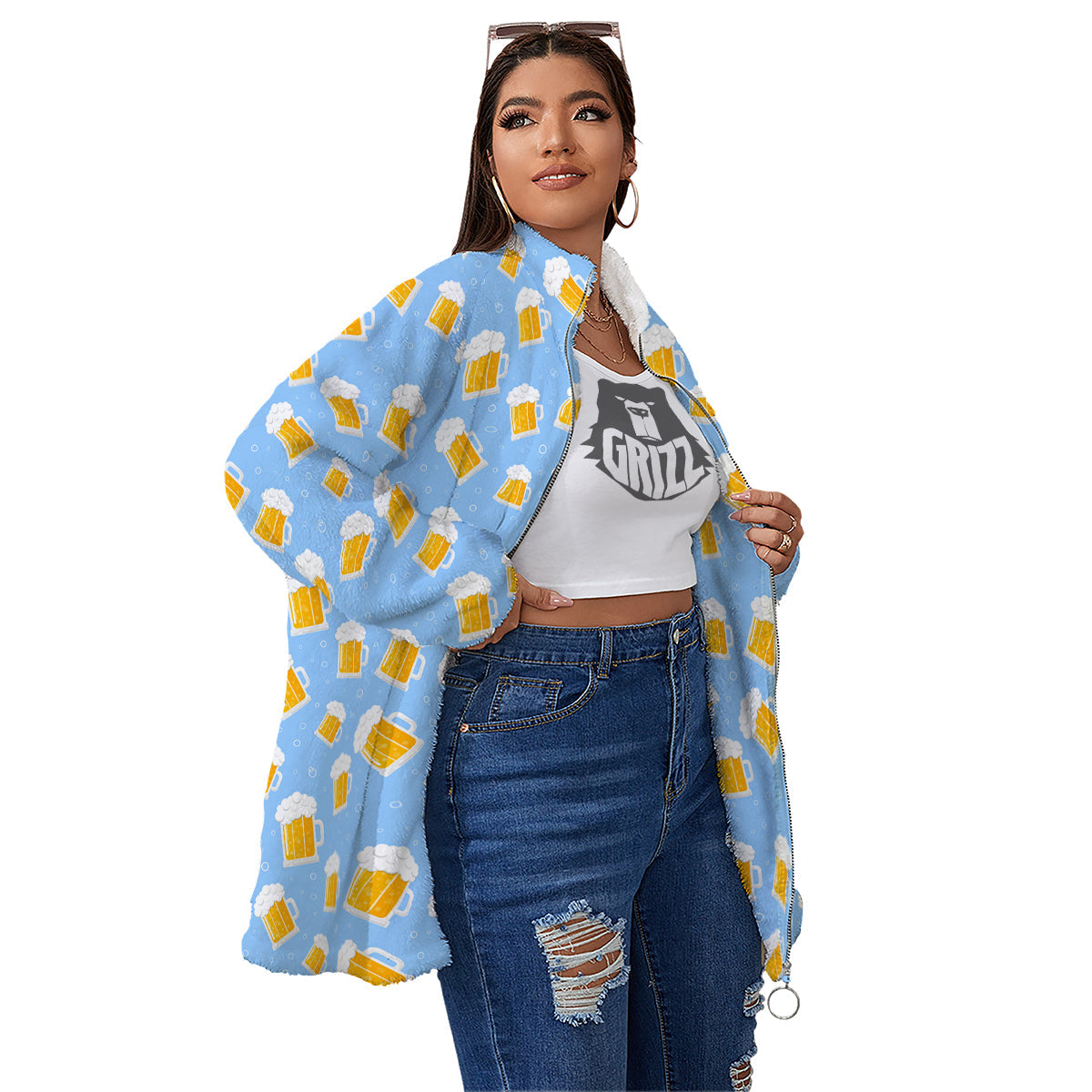 Emoji Beer Print Pattern Women's Sherpa Jacket-grizzshop