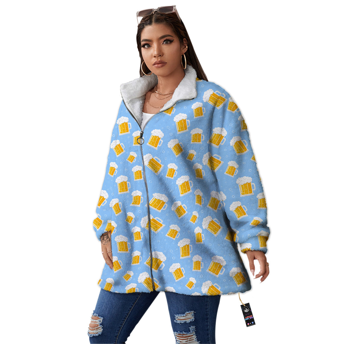 Emoji Beer Print Pattern Women's Sherpa Jacket-grizzshop