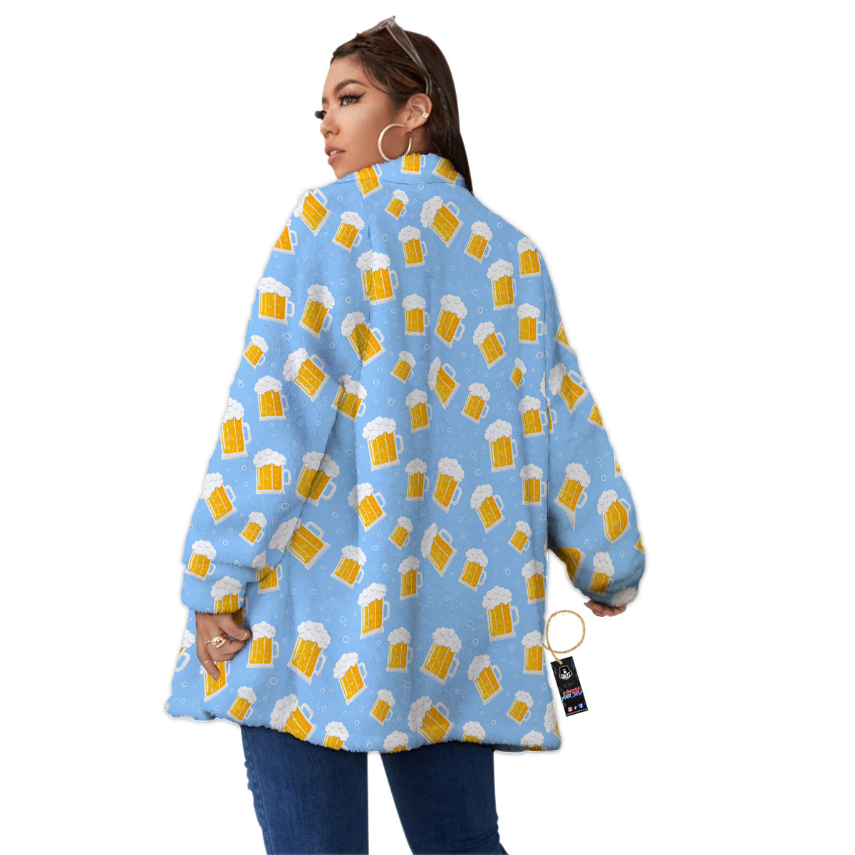 Emoji Beer Print Pattern Women's Sherpa Jacket-grizzshop