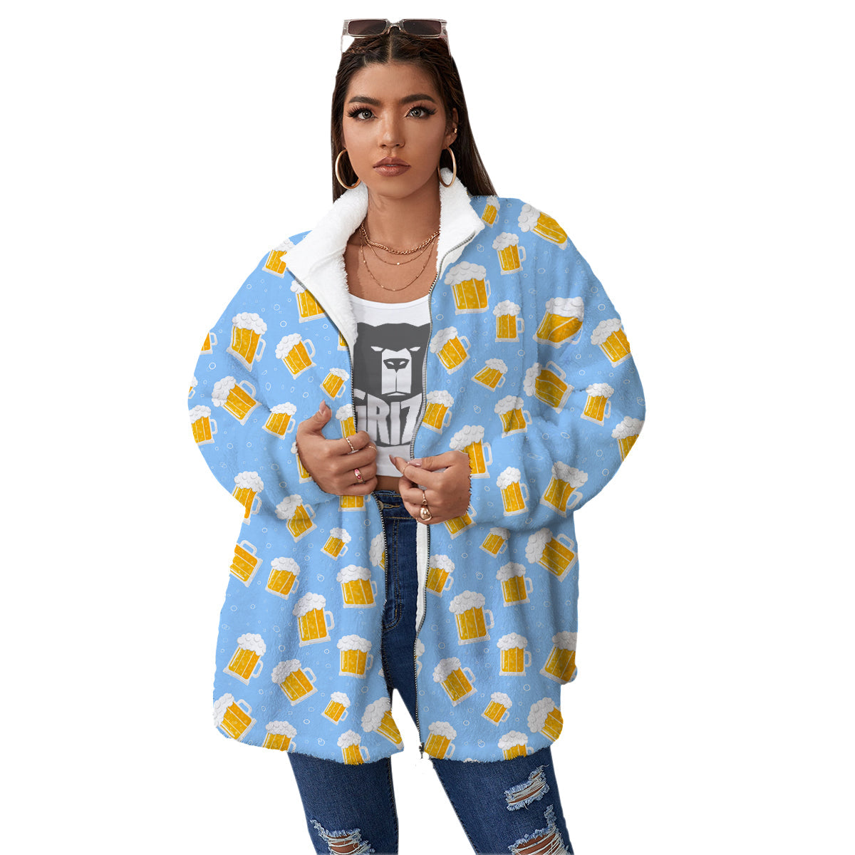 Emoji Beer Print Pattern Women's Sherpa Jacket-grizzshop