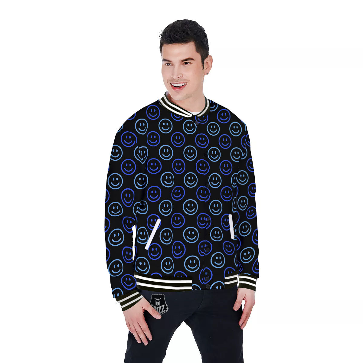 Emoji Blue Print Pattern Baseball Jacket-grizzshop