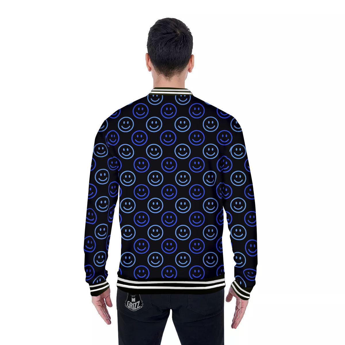 Emoji Blue Print Pattern Baseball Jacket-grizzshop