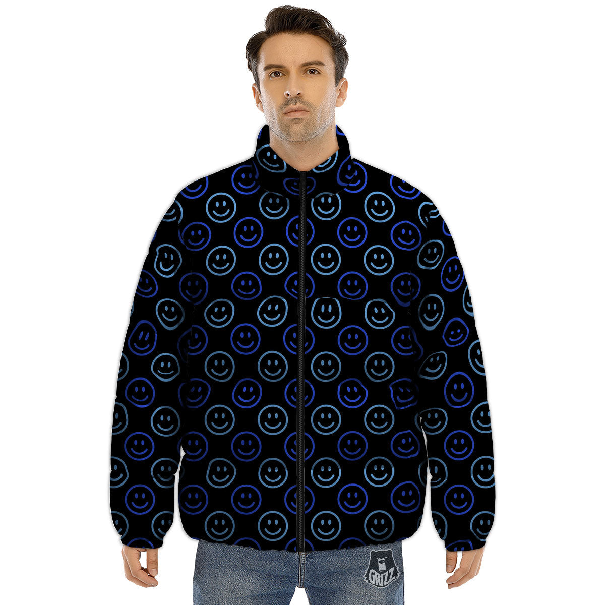 Emoji Blue Print Pattern Puffer Jacket-grizzshop