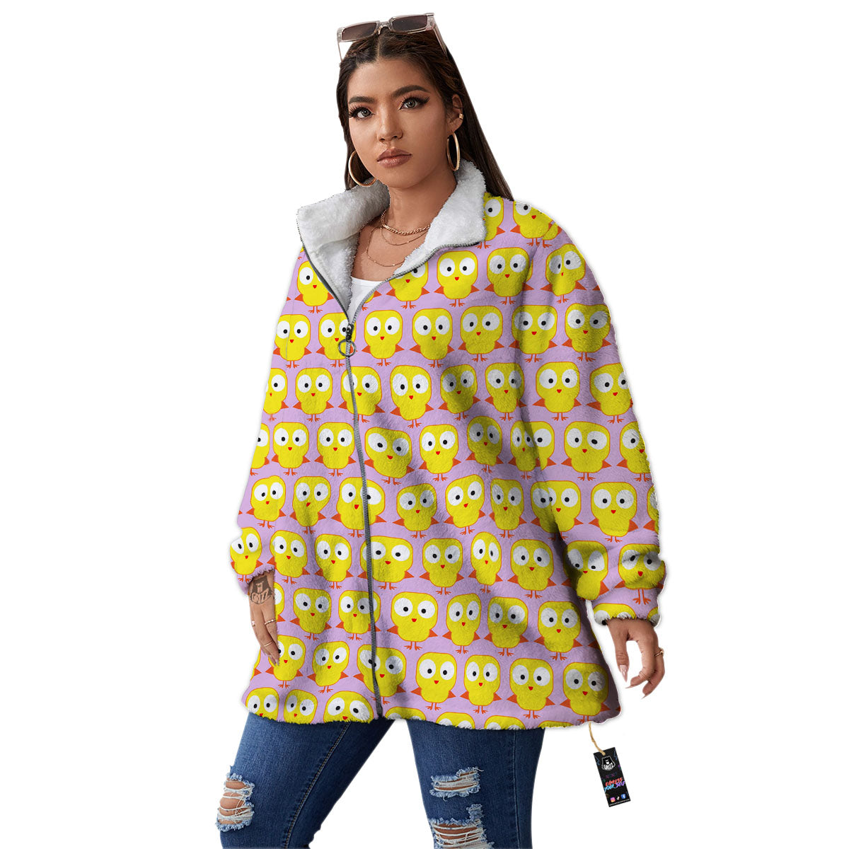 Emoji Chicken Love Print Pattern Women's Sherpa Jacket-grizzshop