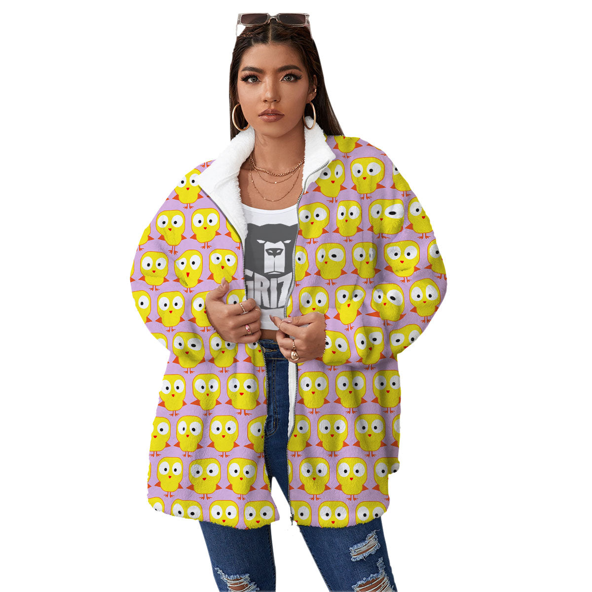 Emoji Chicken Love Print Pattern Women's Sherpa Jacket-grizzshop