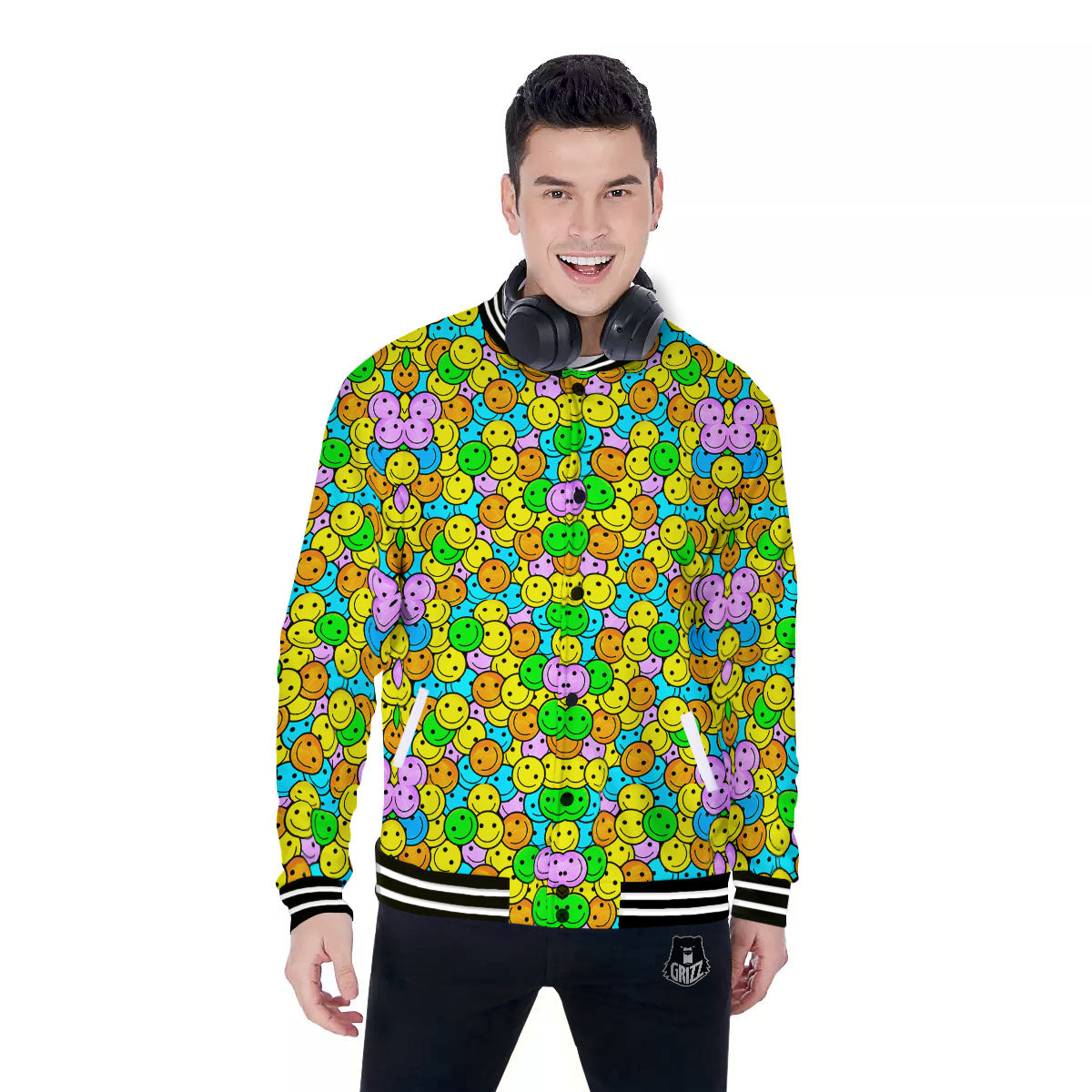 Emoji Colorful Print Pattern Baseball Jacket-grizzshop