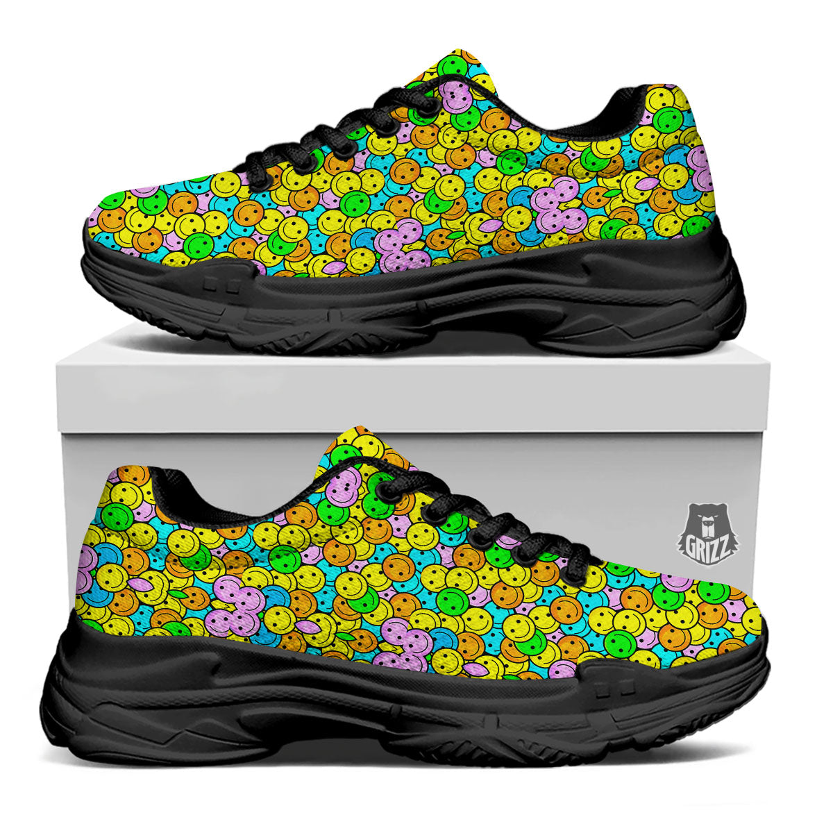 Emoji Colorful Print Pattern Black Chunky Shoes-grizzshop