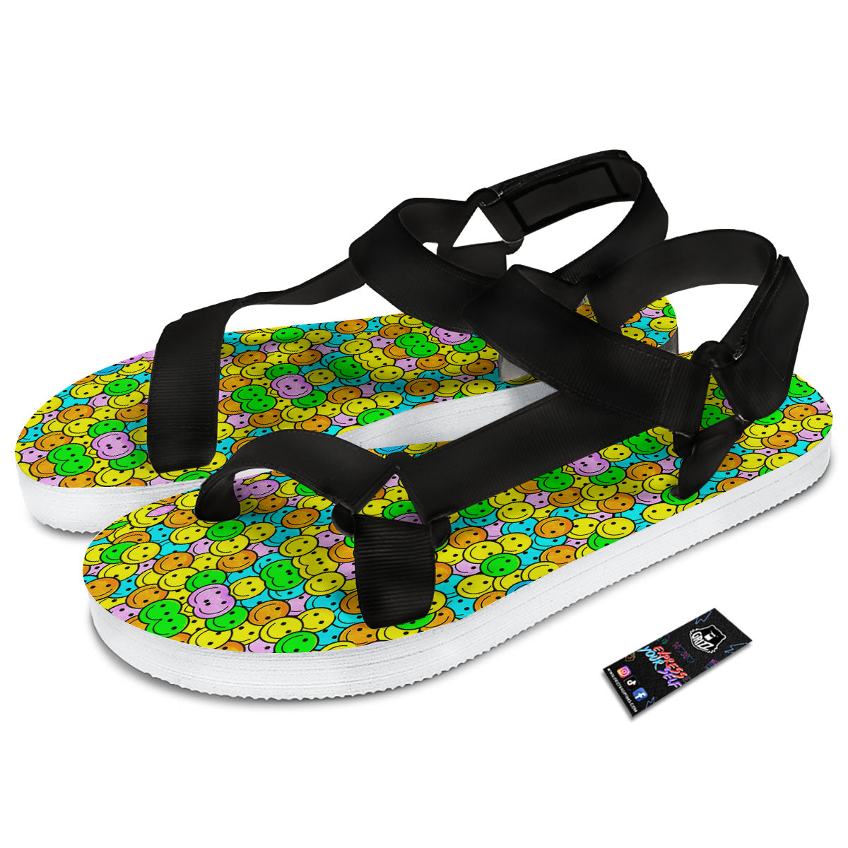 Emoji Colorful Print Pattern Black Open Toe Sandals-grizzshop