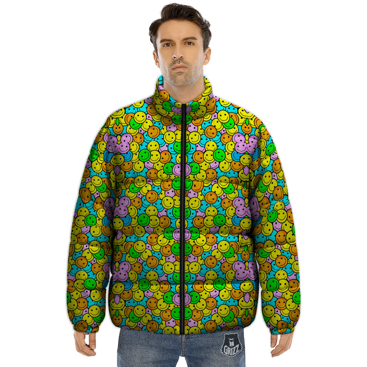 Emoji Colorful Print Pattern Puffer Jacket-grizzshop