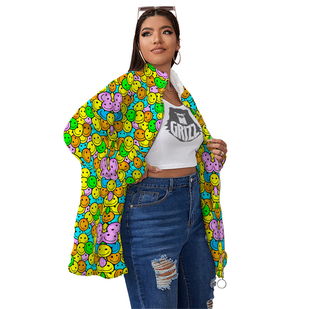 Emoji Colorful Print Pattern Women's Sherpa Jacket-grizzshop