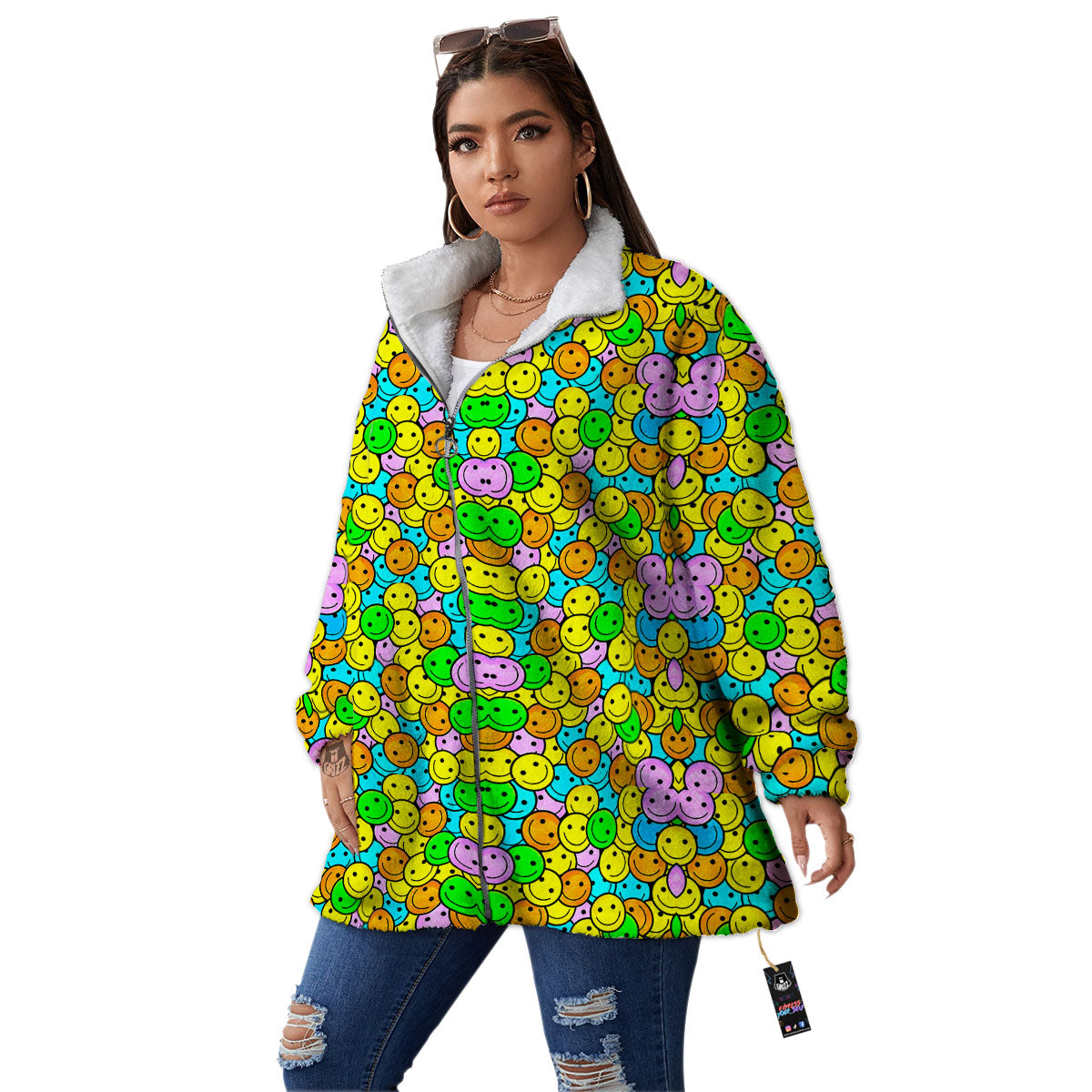 Emoji Colorful Print Pattern Women's Sherpa Jacket-grizzshop
