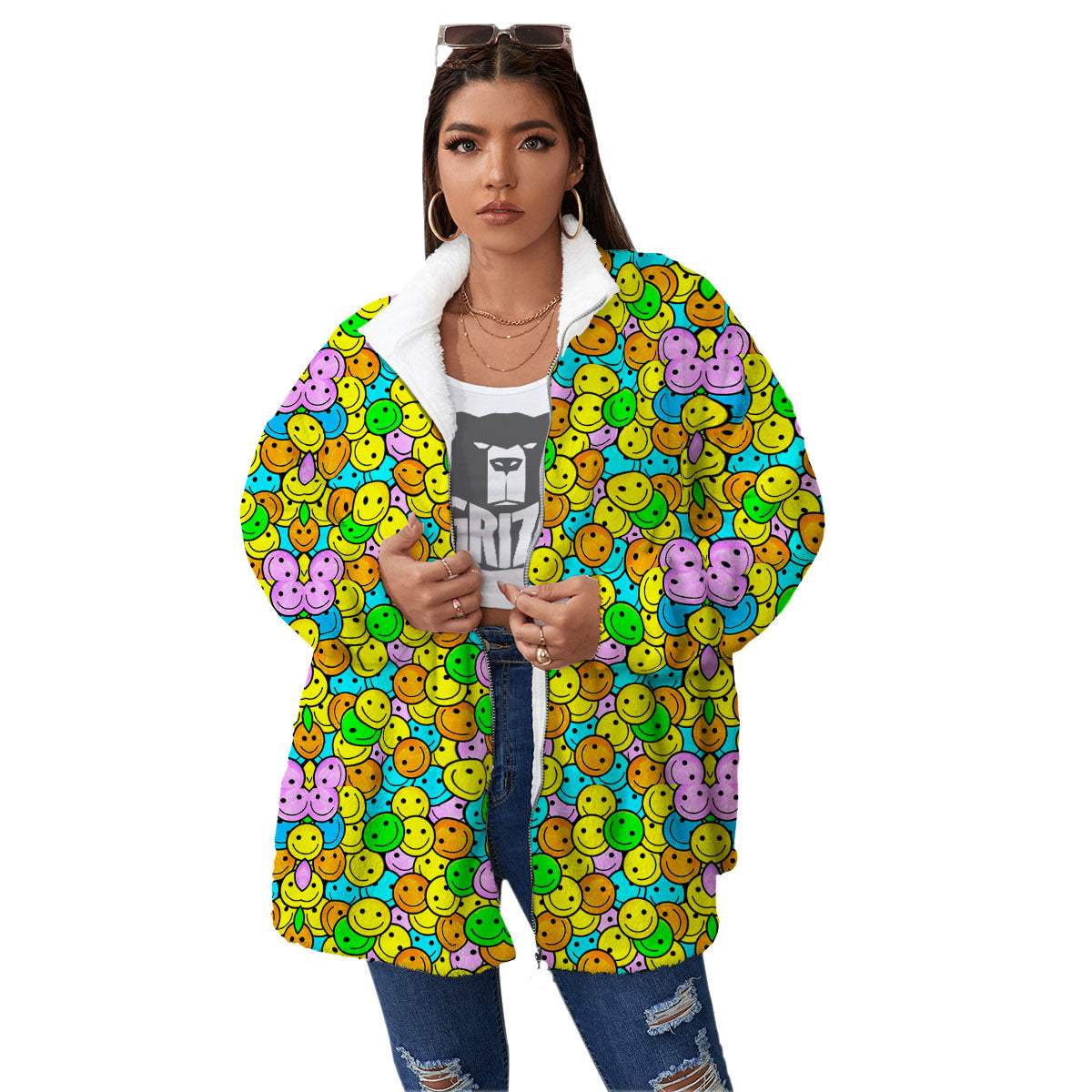 Emoji Colorful Print Pattern Women's Sherpa Jacket-grizzshop