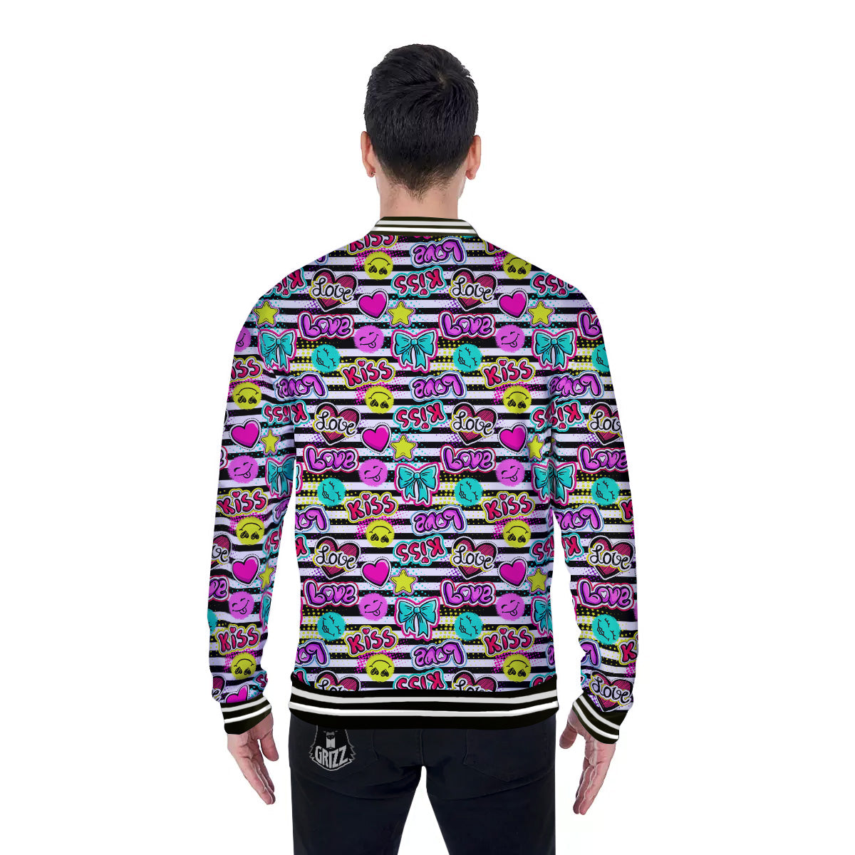 Emoji Comics Stripe Print Pattern Baseball Jacket-grizzshop