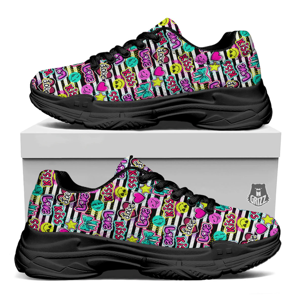 Emoji Comics Stripe Print Pattern Black Chunky Shoes-grizzshop