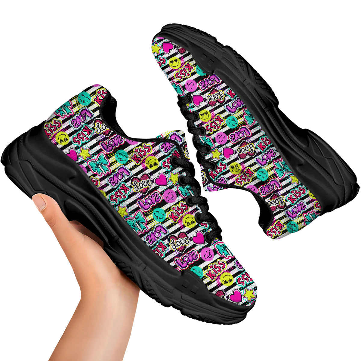 Emoji Comics Stripe Print Pattern Black Chunky Shoes-grizzshop