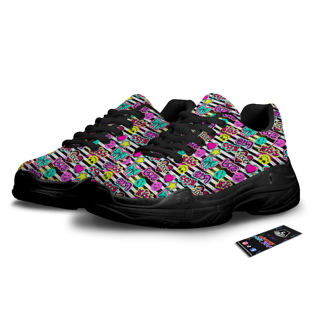 Emoji Comics Stripe Print Pattern Black Chunky Shoes-grizzshop