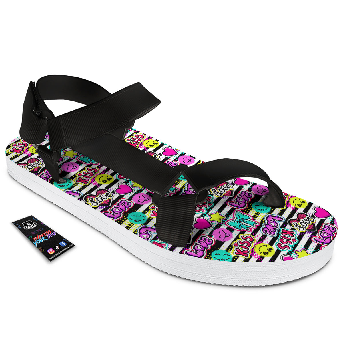 Emoji Comics Stripe Print Pattern Black Open Toe Sandals-grizzshop