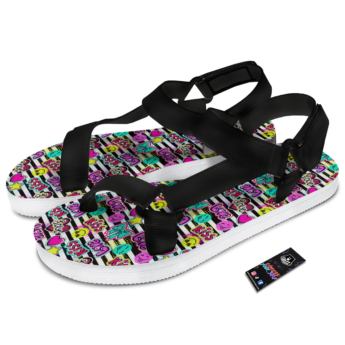 Emoji Comics Stripe Print Pattern Black Open Toe Sandals-grizzshop