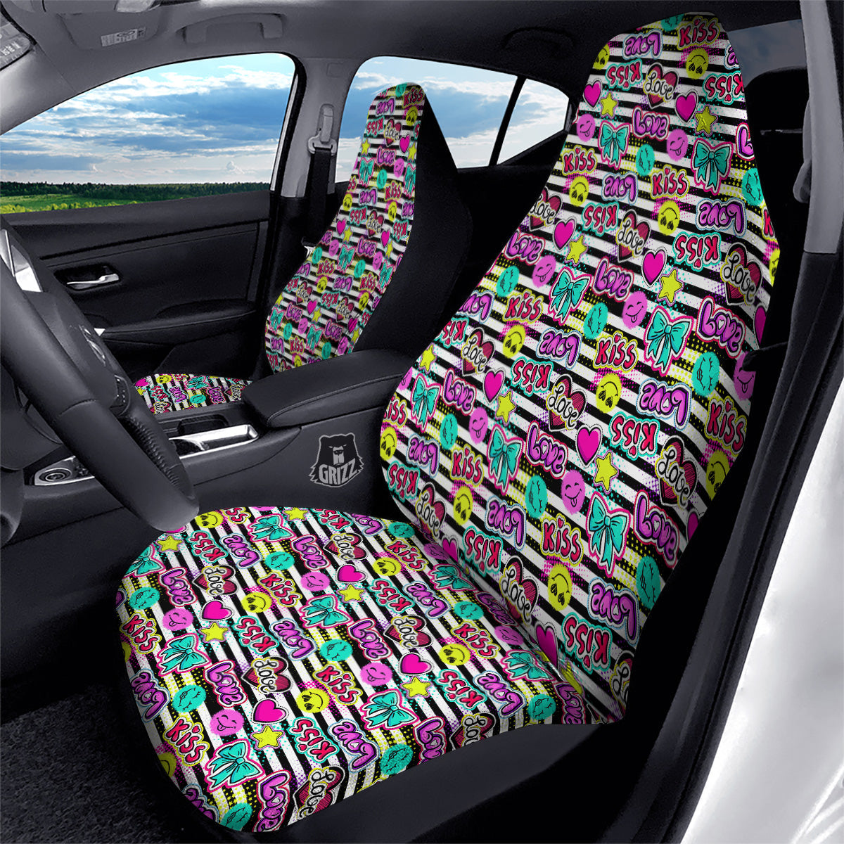 Emoji Comics Stripe Print Pattern Car Seat Covers-grizzshop