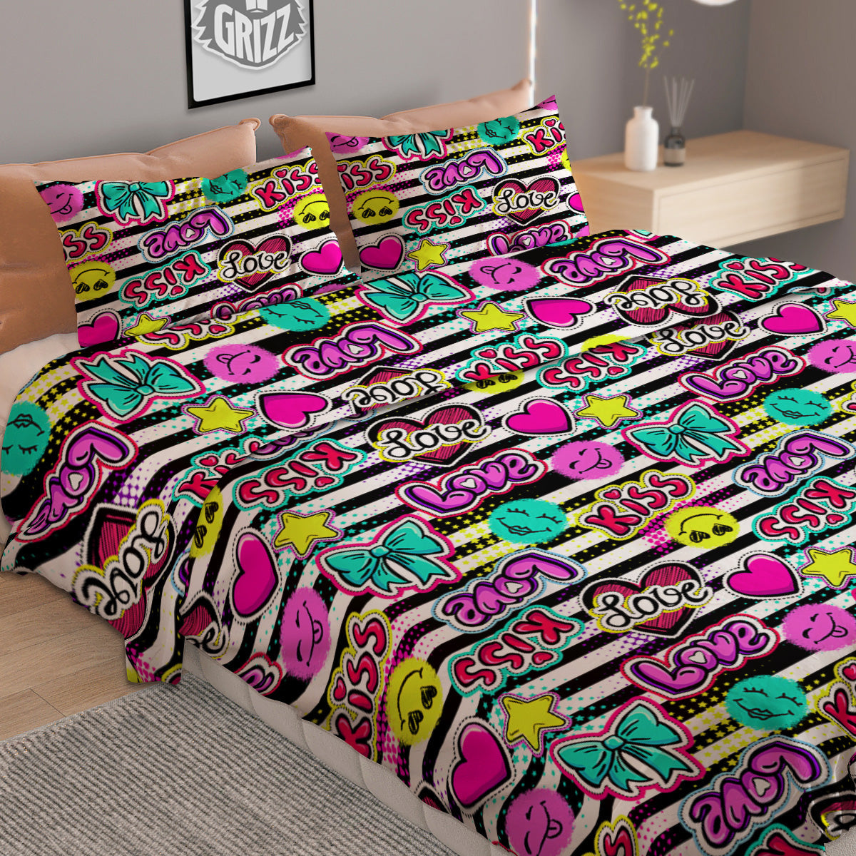Emoji Comics Stripe Print Pattern Duvet Cover Bedding Set