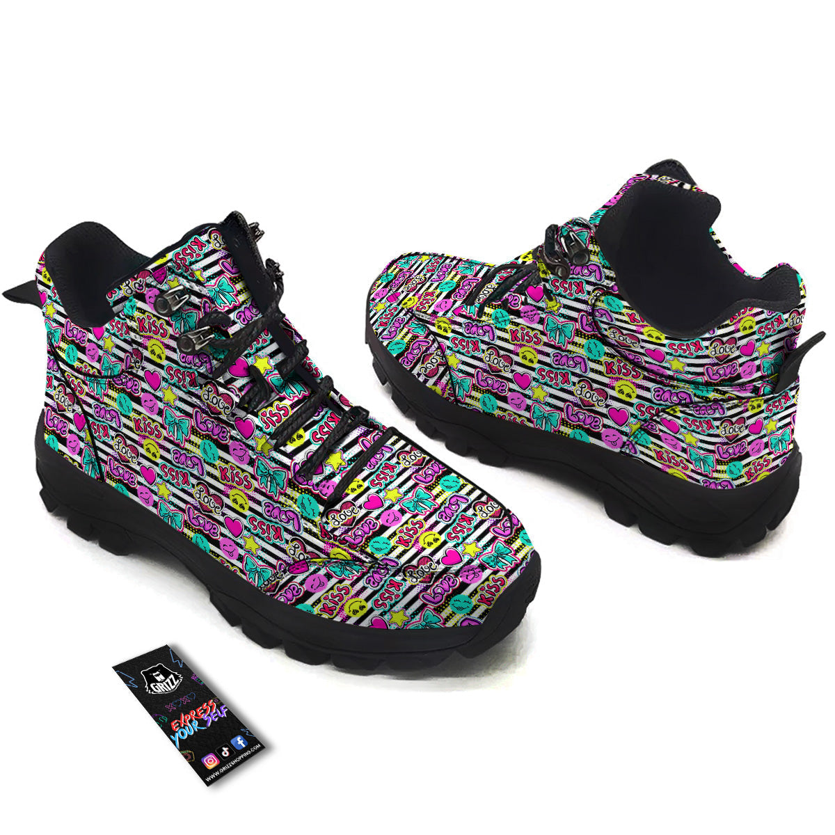 Emoji Comics Stripe Print Pattern Hiking Shoes-grizzshop
