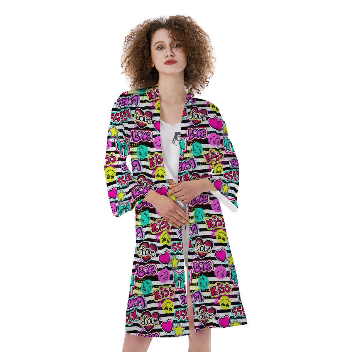 Emoji Comics Stripe Print Pattern Kimono-grizzshop