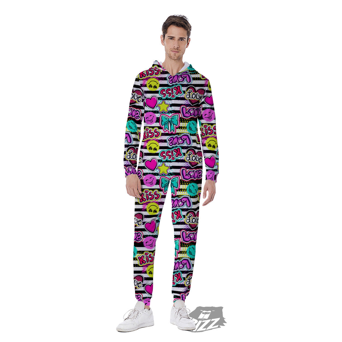 Emoji Comics Stripe Print Pattern Men's Jumpsuit-grizzshop