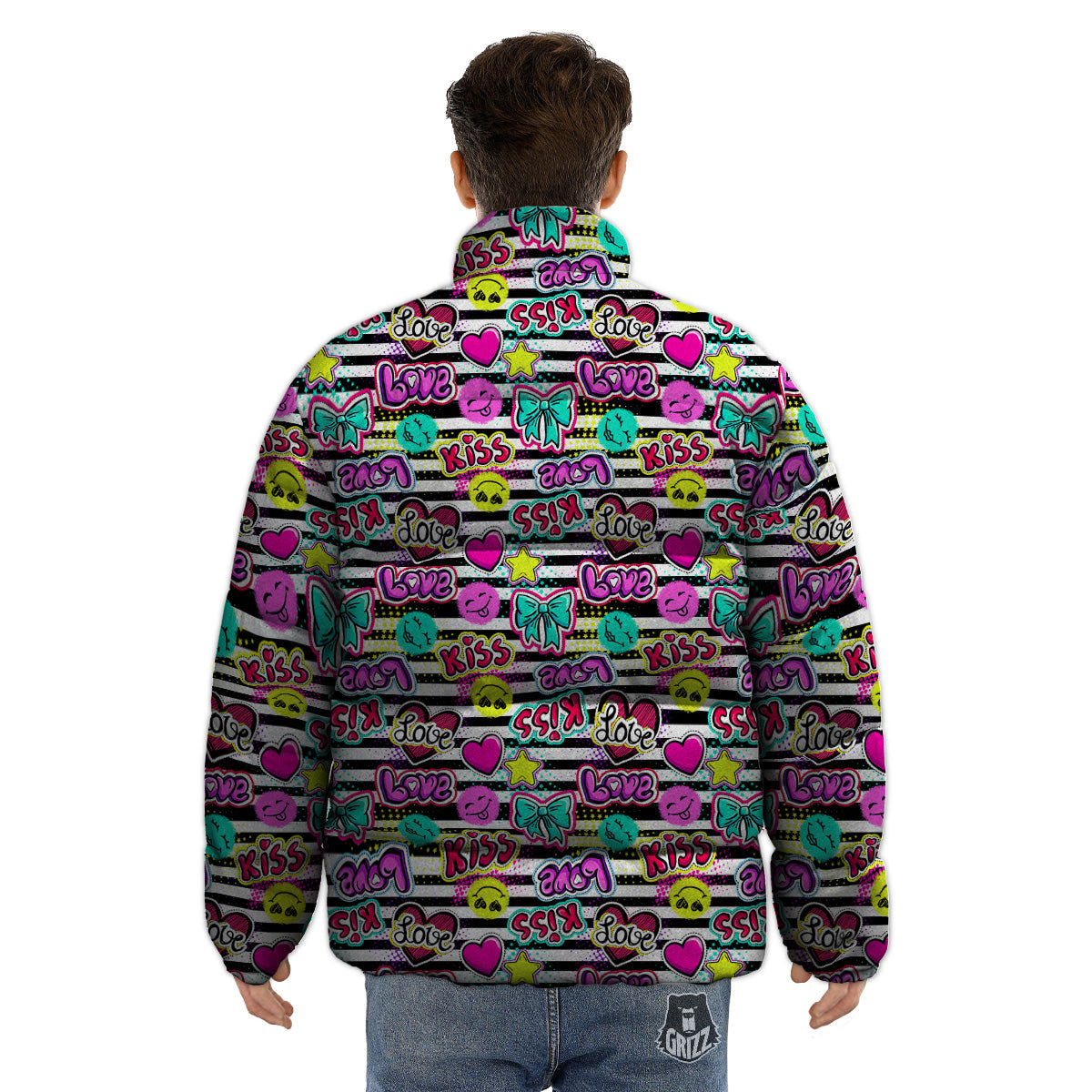 Emoji Comics Stripe Print Pattern Puffer Jacket-grizzshop