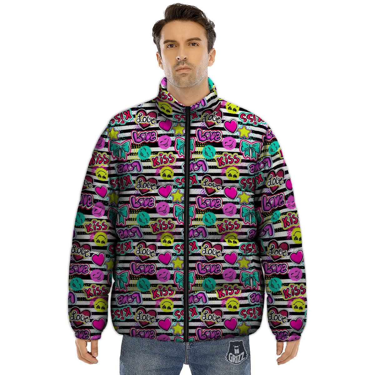 Emoji Comics Stripe Print Pattern Puffer Jacket-grizzshop