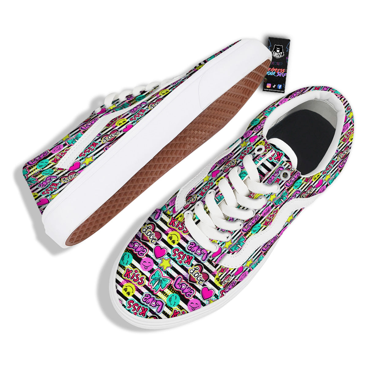 Emoji Comics Stripe Print Pattern Skate Shoes-grizzshop