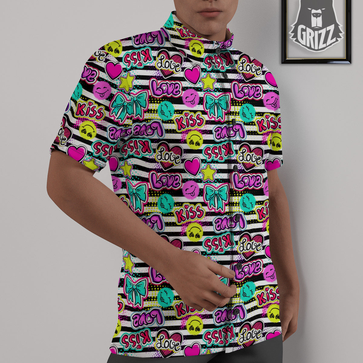 Emoji Comics Stripe Print Pattern Untucked Shirts-grizzshop