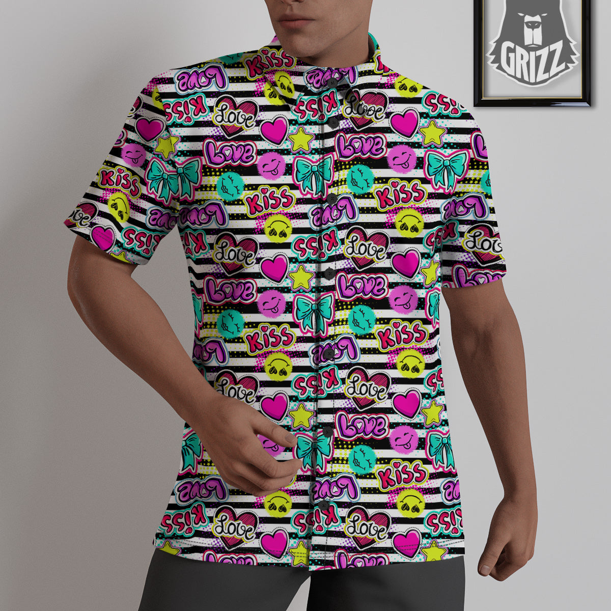 Emoji Comics Stripe Print Pattern Untucked Shirts-grizzshop