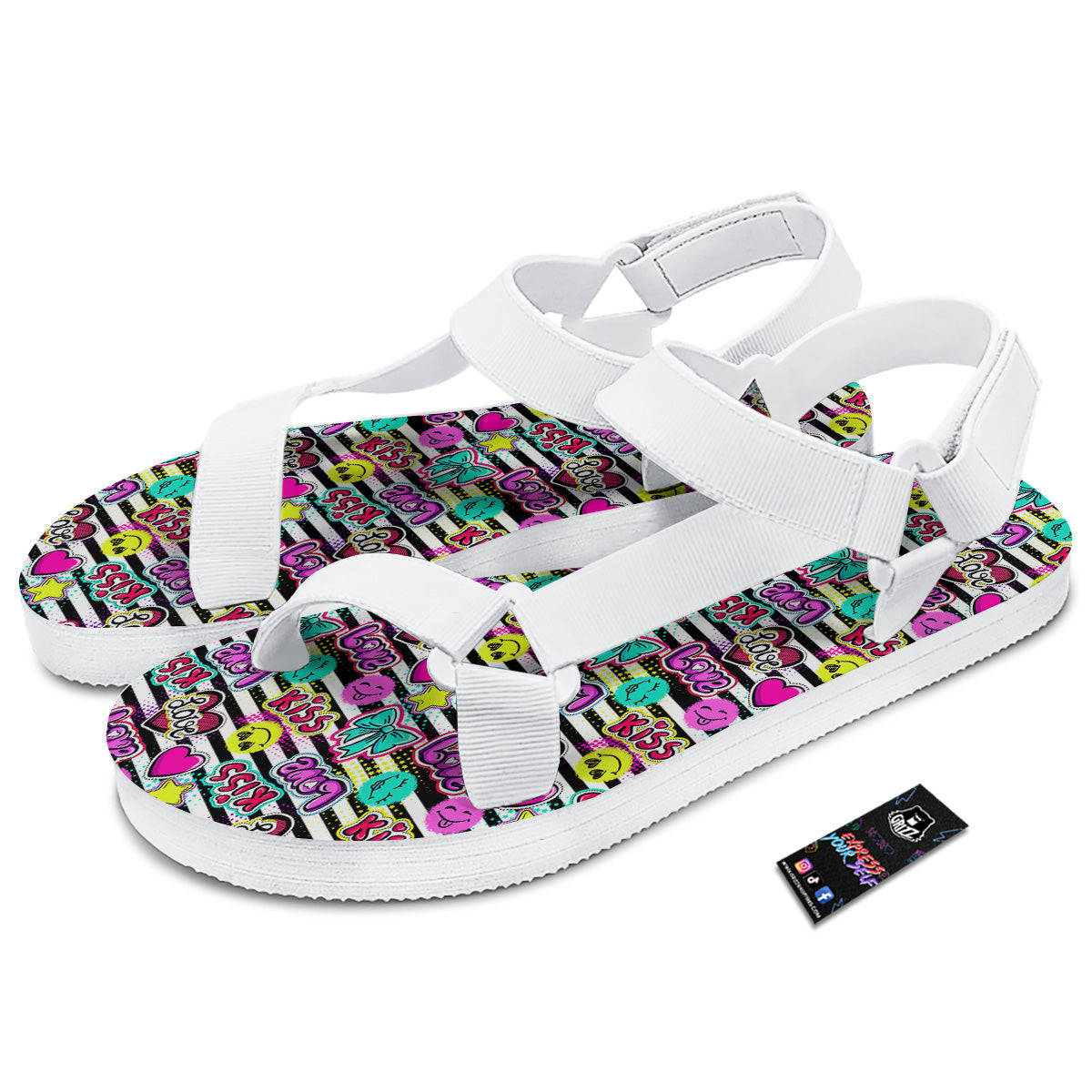 Emoji Comics Stripe Print Pattern White Open Toe Sandals-grizzshop