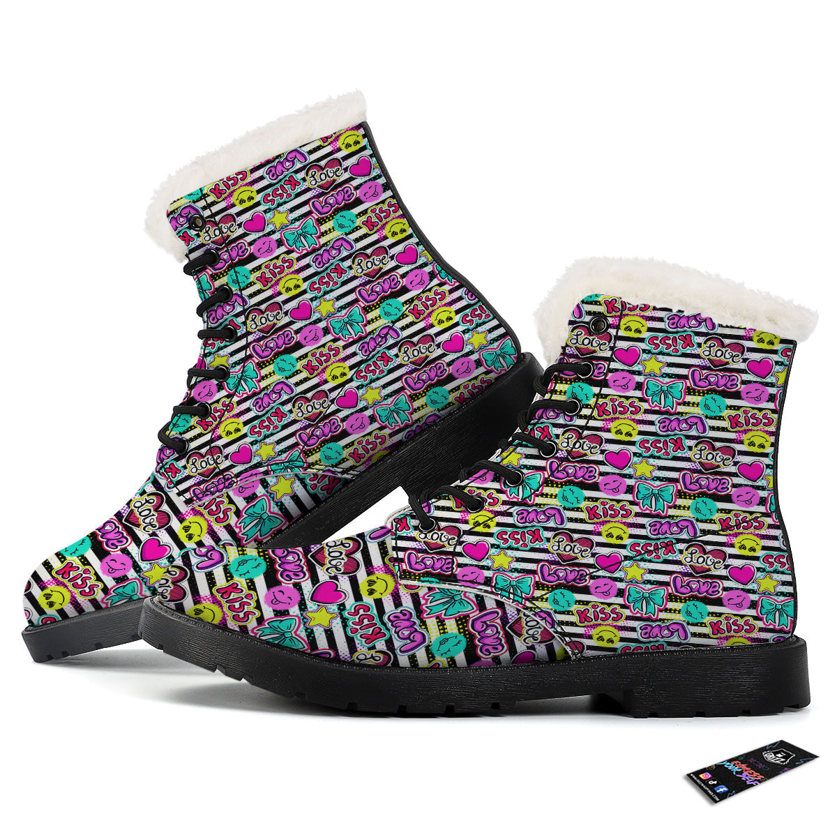 Emoji Comics Stripe Print Pattern Winter Boots-grizzshop