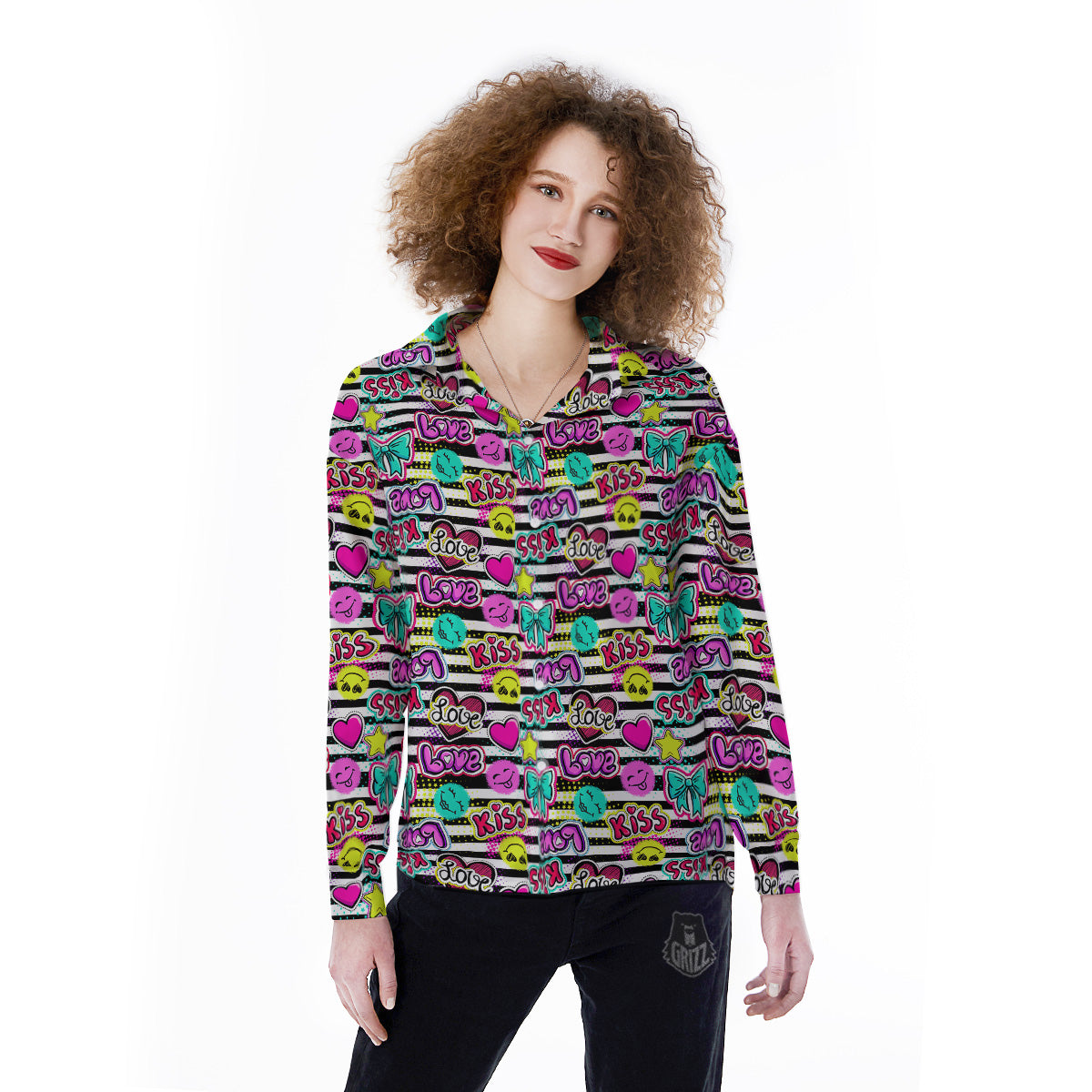 Emoji Comics Stripe Print Pattern Women's Long Sleeve Shirts-grizzshop