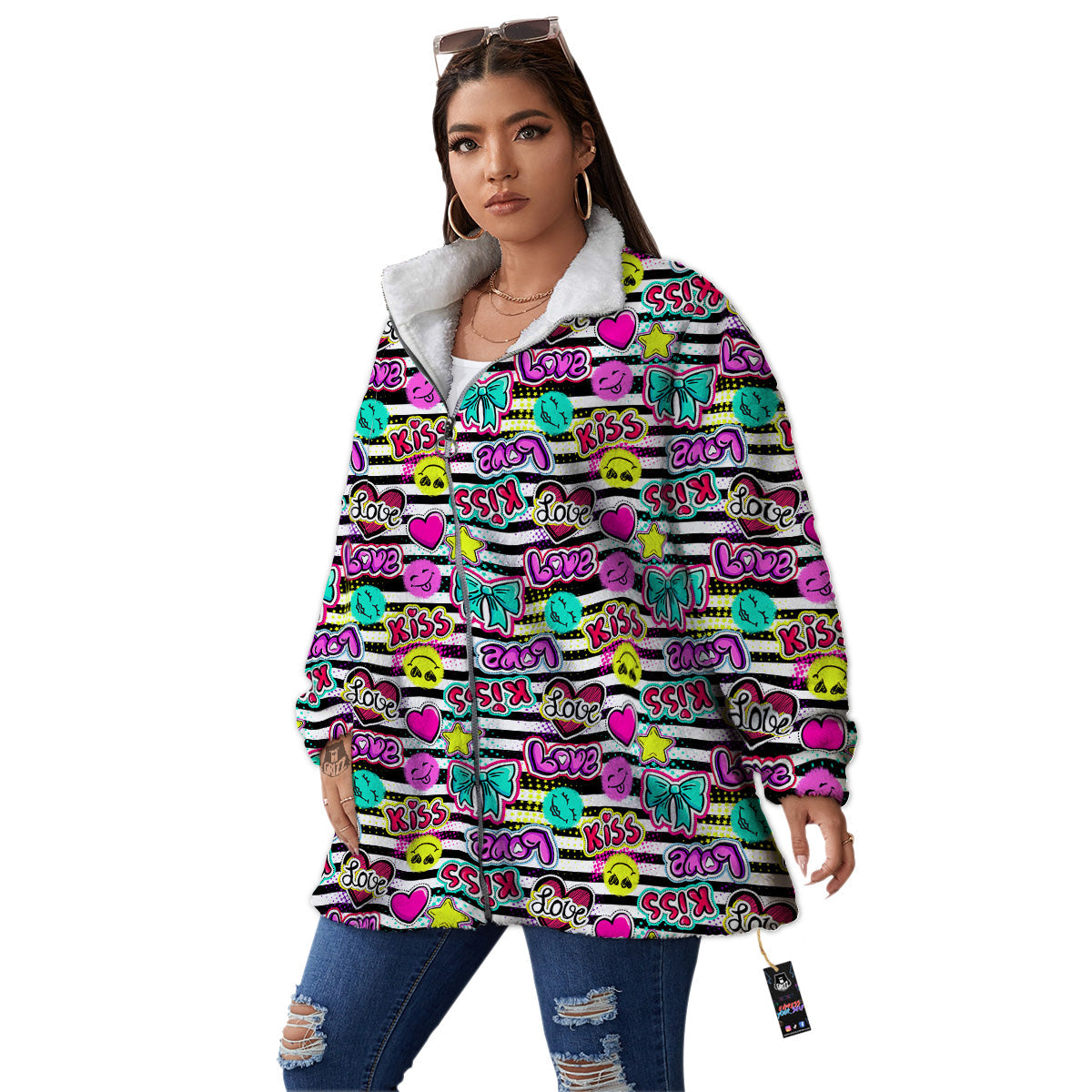 Emoji Comics Stripe Print Pattern Women's Sherpa Jacket-grizzshop