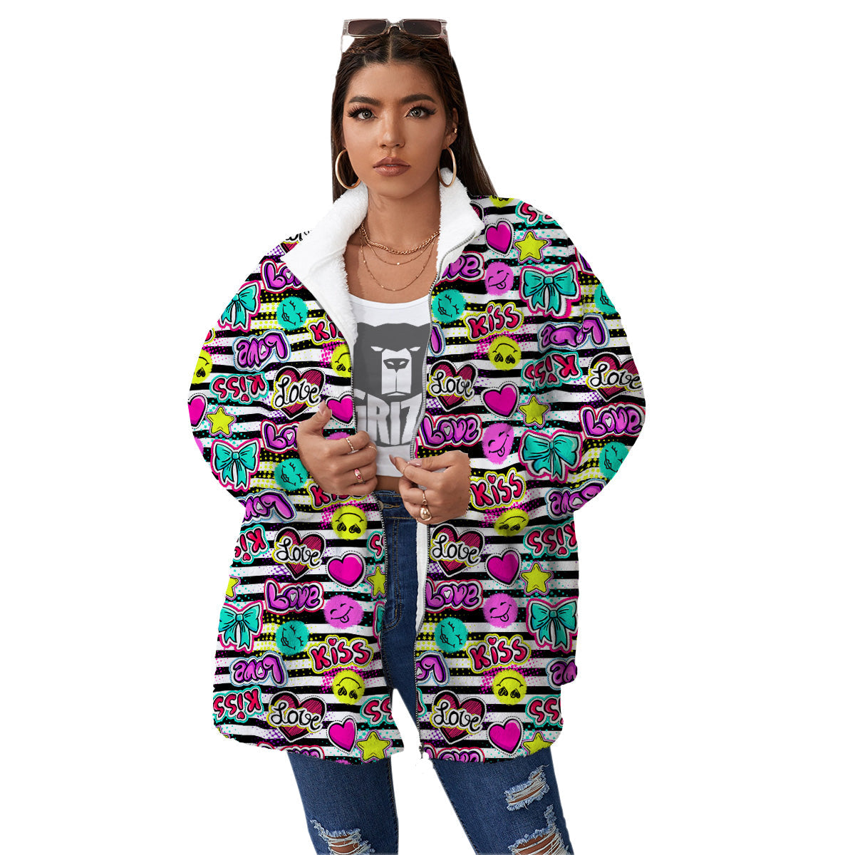 Emoji Comics Stripe Print Pattern Women's Sherpa Jacket-grizzshop