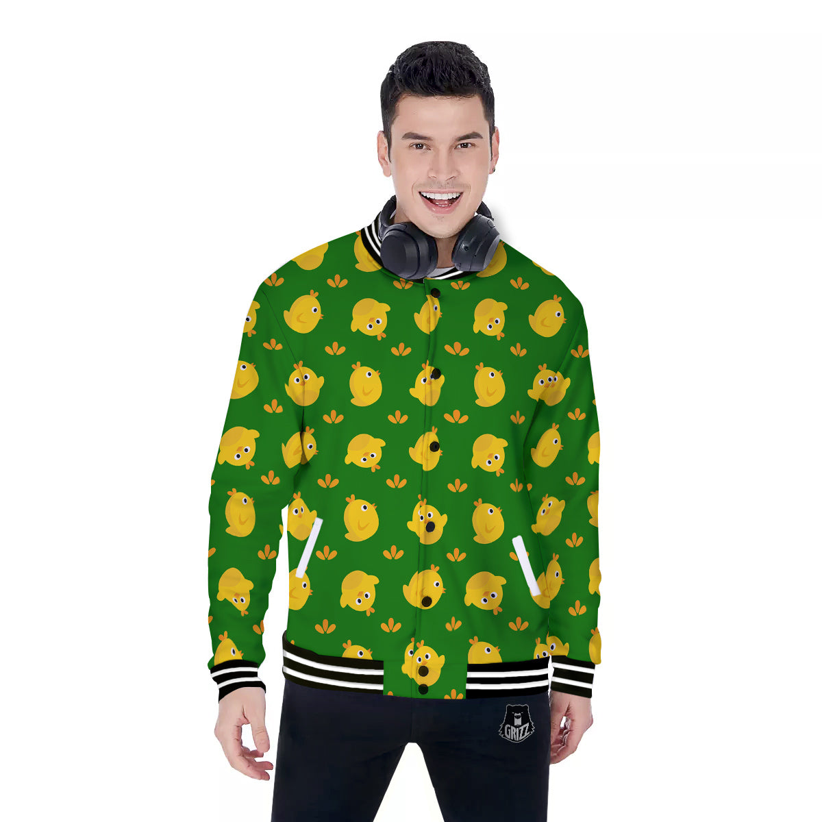 Emoji Cute Chicken Print Pattern Baseball Jacket-grizzshop