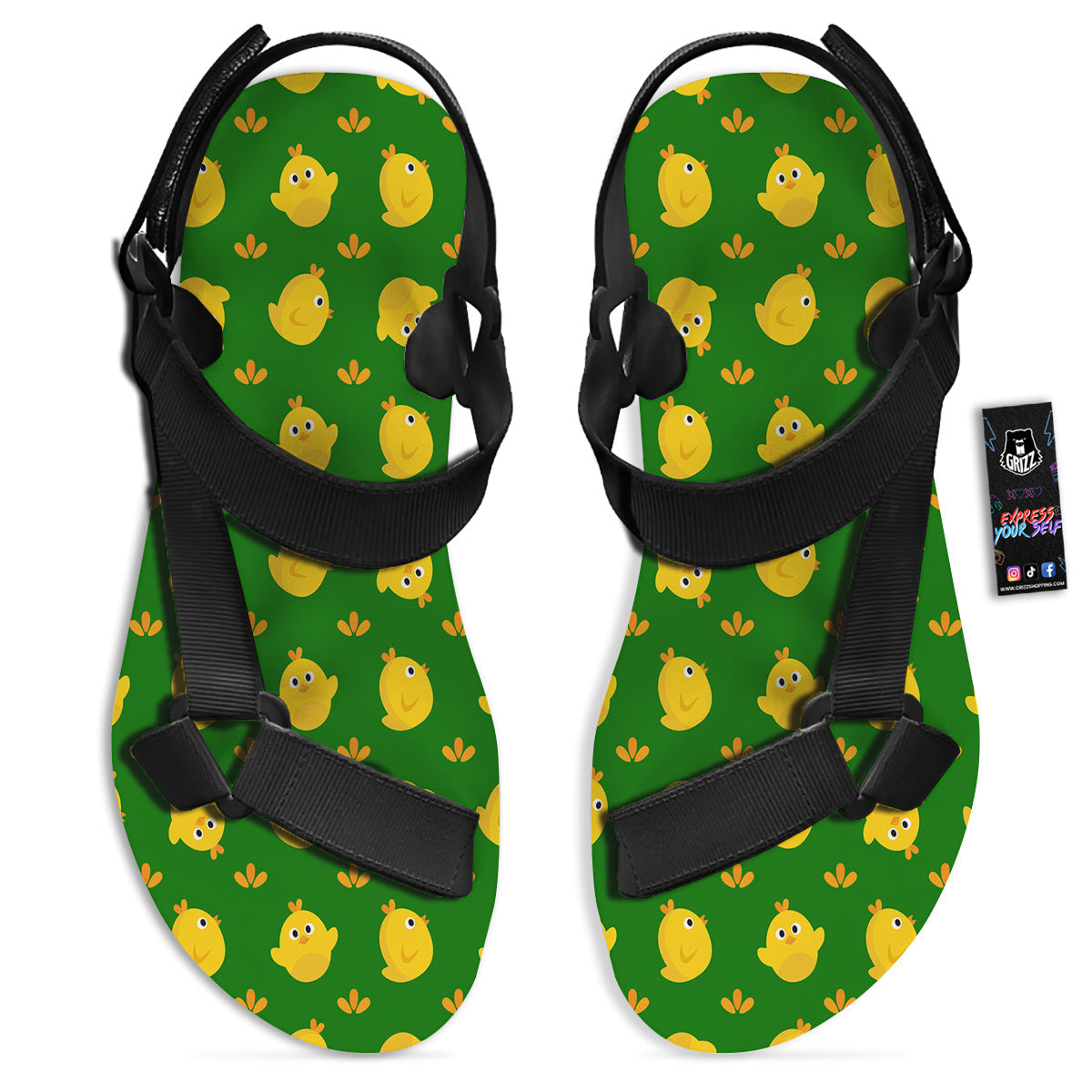 Emoji Cute Chicken Print Pattern Black Open Toe Sandals-grizzshop