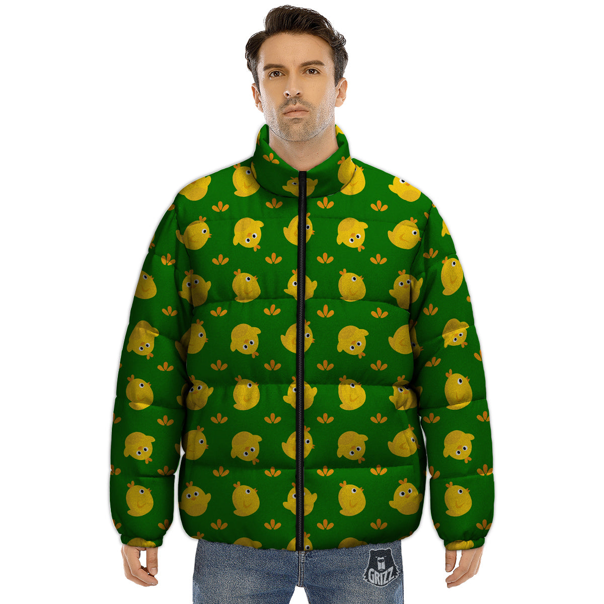 Emoji Cute Chicken Print Pattern Puffer Jacket-grizzshop