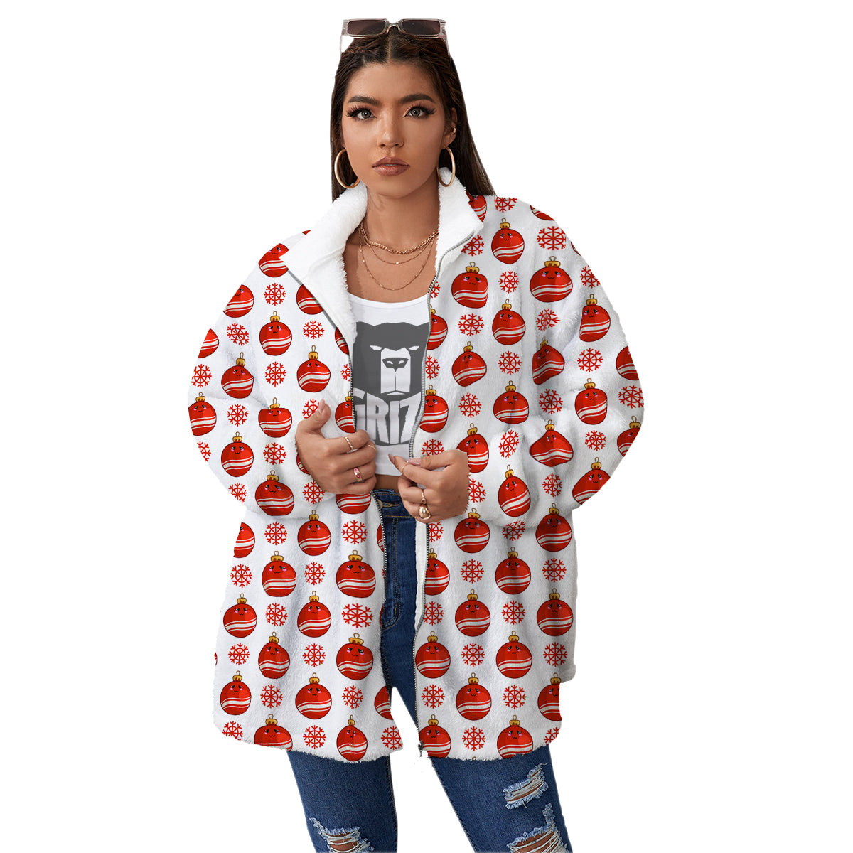 Emoji Cute Christmas Print Pattern Women's Sherpa Jacket-grizzshop